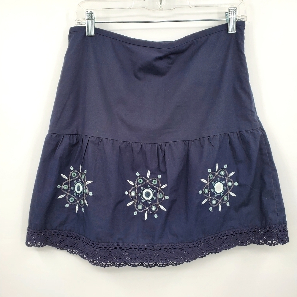 Ann Taylor Loft 100% Cotton Navy Blue Floral Beaded Skirt